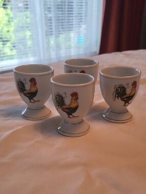 Rooster Ceramic Egg Cups - Set of 4, White with Multicolor Rooster Motif
